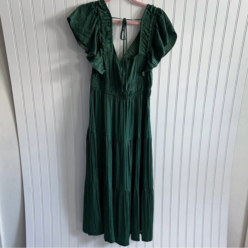 By Anthropologie Green Ruffled Tiered Midi Dress Christmas Holiday Party Small - Picture 4 of 4